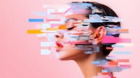 Artistic glitch effect portrait of Asian woman with pink background, distorted face fragments in blue, yellow and white stripes creating modern digital art composition.