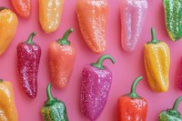 Colorful glitter-coated bell peppers arranged on pink background, featuring red, orange, yellow, and green varieties with sparkly finish for festive design projects.