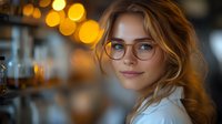 Young blonde woman wearing glasses smiles warmly against blurred golden bokeh background. Professional portrait with soft lighting highlights natural beauty and confidence.