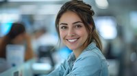 Young Hispanic businesswoman with bright smile in modern office environment wearing casual denim shirt, looking at camera with natural makeup and updo hairstyle.