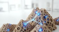 Porous brown sponge material with glowing blue spheres embedded throughout, representing data nodes, network connectivity, or digital transformation concepts for technology and innovation designs.