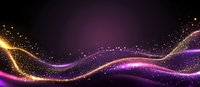 Glowing purple and gold wave lines with sparkling particles flowing on dark background, creating magical light effect for abstract design backgrounds.