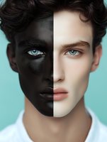 Conceptual portrait showing contrast between dark and light skin tones on one face against turquoise background, representing duality and diversity.