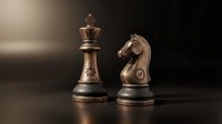 Bronze chess pieces king and knight on dark surface with dramatic lighting for strategic business concepts and leadership themes.