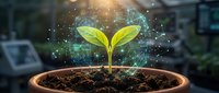 Young green plant seedling growing in terracotta pot with digital network connections and glowing light effects representing sustainable technology growth.