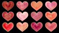 Watercolor hearts with gold ornamental details in red, pink, and magenta tones, isolated on transparent background. Clipart set for Valentine's Day, stickers, t-shirt design, print on demand.