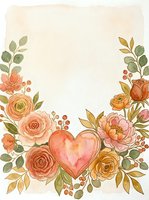 Watercolor floral frame with heart center featuring roses, ranunculus and greenery on textured paper background for romantic designs and invitations.