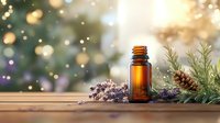 Essential oil brown glass bottle with dried lavender and pine branches on wooden surface against blurred holiday bokeh background with sparkles.