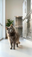 Gray tabby cat standing in modern kitchen with white cabinets and natural lighting from window creating warm domestic atmosphere for pet lifestyle content.