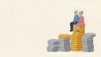 Senior couple sitting on stacked coins representing retirement savings and financial planning for elderly lifestyle and pension fund growth.
