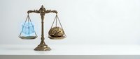 Antique brass scales of justice with blue water on one side and brown material on other, symbolizing balance and fairness in legal decisions on white background.