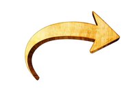 Curved wooden arrow pointing right with textured surface and brown edge detail, isolated on white background for design projects and presentations.