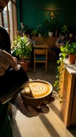 Barista pouring steamed milk into a latte art cup in a cozy sunlit cafe surrounded by green plants.