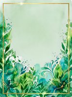Watercolor botanical frame with green foliage, gold border, and splashing paint effects on light background. Isolated design element suitable for invitations, cards, and social media graphics.