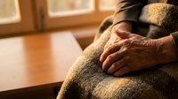 Elderly person wrapped in warm knit blanket sitting by sunny window, hands folded peacefully. Cozy indoor comfort and relaxation concept for seniors.