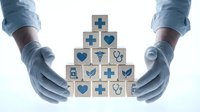 Healthcare professional in medical gloves protecting wooden blocks with medical icons including crosses, hearts, and stethoscopes in pyramid formation.