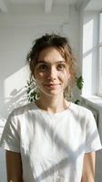 Young Caucasian woman with messy hair in white t-shirt smiling at camera in bright modern apartment with natural sunlight streaming through window.