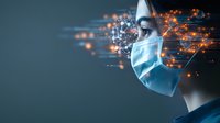 Young Asian woman wearing surgical mask with digital virus particle overlay and network connections, representing healthcare technology and pandemic protection.