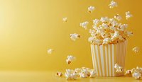 Fresh popcorn flying out of striped paper container against vibrant yellow background, creating dynamic composition for food and entertainment concepts.