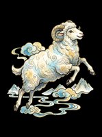 Leaping ram with swirling clouds and mountains in soft blue and gold tones, isolated on transparent background, for t-shirts, stickers, and print on demand.