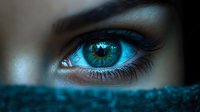 Striking close-up of bright turquoise human eye with long eyelashes against dark background, dramatic lighting creates mysterious and captivating mood for creative projects.