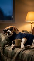 Relaxed beagle dog wearing sunglasses and sweater sitting on cozy sofa with coffee mug in warm living room interior for comfort and lifestyle concepts.