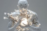 Glowing humanoid figure with cracked marble-like texture holding illuminated sphere, adorned with delicate white cherry blossoms against gray background.
