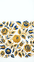Elegant embroidery floral border with gold and blue roses on white fabric, folk art style for textile, fashion, and home decor design.