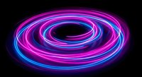 Vibrant neon spiral rings in electric pink and blue creating dynamic circular motion effect on black background for modern digital design projects.