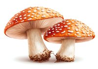 Red spotted amanita mushrooms with white dots on orange caps and beige stems growing from soil, detailed botanical illustration for nature publications.