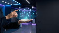 Businessman hands presenting holographic network connections with glowing digital interface technology for modern business presentations and tech concepts.