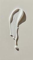 White cream drop falling and splashing against neutral beige background, creating smooth flowing curves and elegant minimal composition for cosmetic advertising.