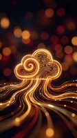 Glowing cloud computing symbol with circuit patterns and flowing data streams against warm bokeh background for technology concepts.