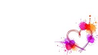 Colorful heart outline with vibrant paint splashes in pink, purple and orange on white background for romantic designs and Valentine's Day projects.