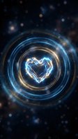 Glowing electric heart surrounded by cosmic energy rings and sparkling lights on dark space background for romantic technology designs.