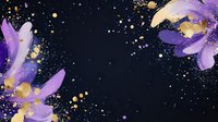 Magical purple flowers with golden sparkles floating in dark space. Ethereal floral composition with glowing particles and petals against black background creates dreamy atmosphere.