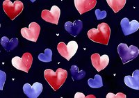 Romantic seamless pattern with red, pink and purple watercolor hearts scattered on dark blue background, small white heart accents create dreamy atmosphere.