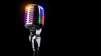 Vintage style microphone with colorful neon lighting effects on black background, chrome metal details create dramatic contrast for music and entertainment designs.