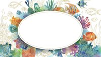 Underwater marine life frame with tropical fish, coral reef, seaweed and sea creatures surrounding blank oval space for text or design elements.