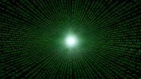 Digital tunnel of green binary code streaming toward bright central light creating futuristic cyber matrix effect for technology and data visualization concepts.