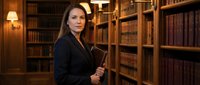Professional Caucasian female lawyer in black suit holding legal documents in traditional law library with wooden bookshelves and warm lighting.