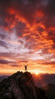 Silhouette of person with raised arms celebrating success on mountain peak at dramatic sunrise with vibrant orange and red clouds over mountain range.