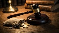 Wooden judge gavel with money bag and coins on desk with law books and brass lamp in courtroom setting for legal justice concepts.