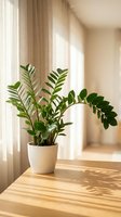 ZZ plant in white pot on wooden table near window with natural sunlight creating shadows in modern minimalist home interior for indoor gardening and decor.