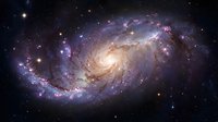 Stunning spiral galaxy with glowing arms, star clusters, and cosmic dust swirling in deep space, captured in vivid purple and gold hues.