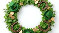 Circular frame made of fresh green clover leaves, wooden slices, and rustic horseshoes arranged on white background. Suitable for St. Patrick's Day designs, greeting cards, and festive layouts.