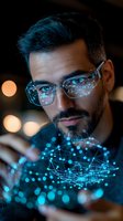 Middle Eastern businessman wearing glasses interacts with futuristic holographic interface displaying network connections and digital data visualization in blue light.