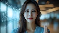 Young Asian woman in blue business attire smiling confidently with digital network visualization overlay in modern office hallway, soft bokeh lighting creates professional atmosphere.
