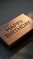 Wooden plaque with engraved Happy Birthday text on natural wood surface, ideal for greeting cards, invitations, and celebration designs.