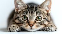 Close up portrait of tabby cat with bright green eyes lying down and looking directly at camera, paws visible in foreground against white background.